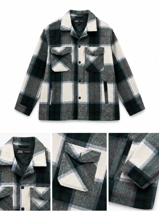 Zara Jackets & Blazers - Zara Green, Black & Cream Plaid Wool-Blend Shacket